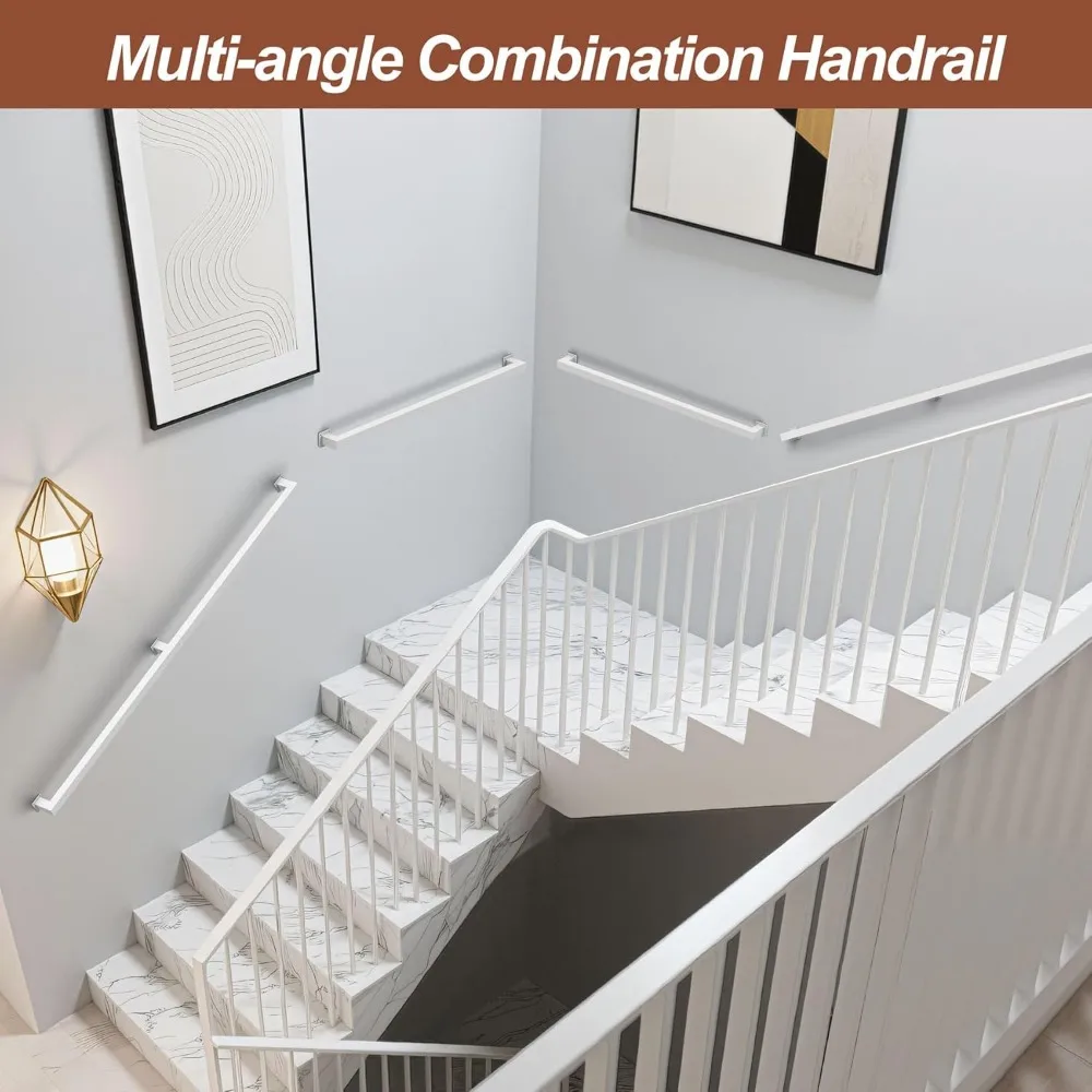 درابزين الدرج الداخلي، درابزين معدني أبيض، مثبت على الحائط، طراز صناعي حديث، يدعم 500 رطل #4