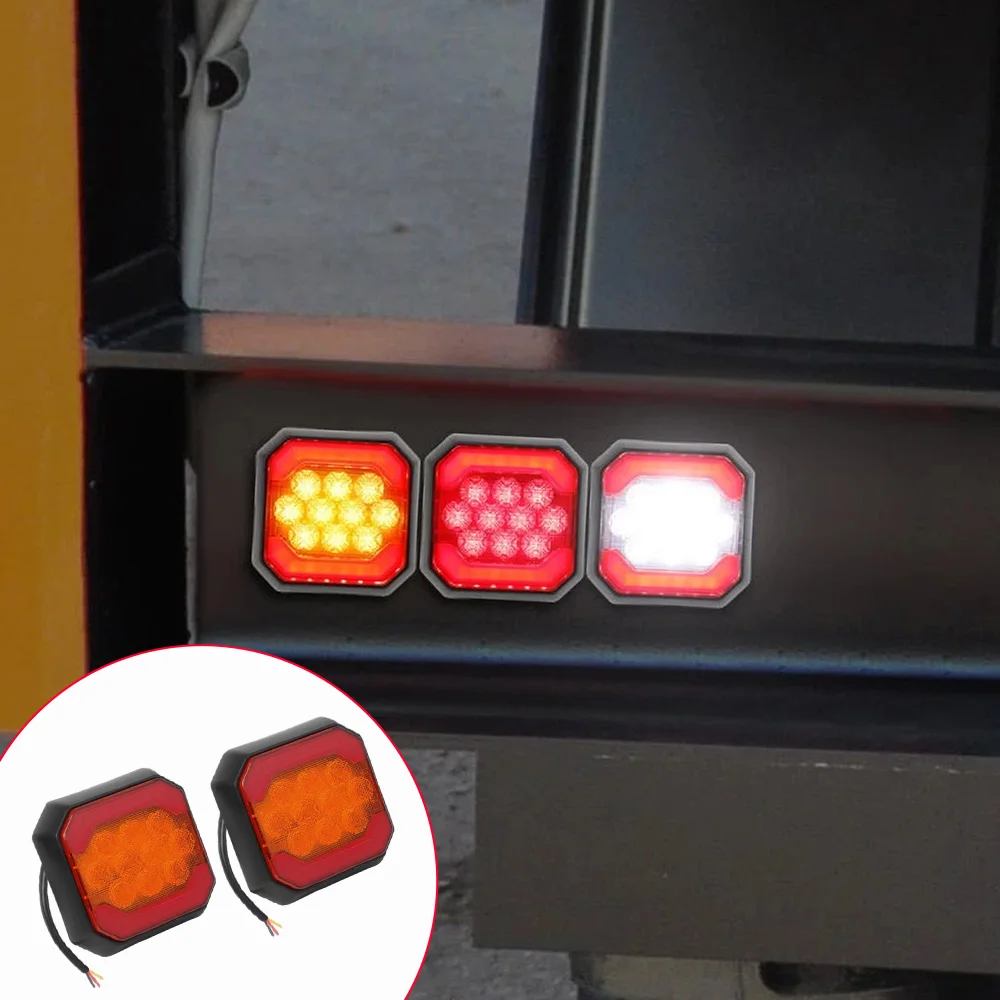 2pcs 12V-24V Square LED Tail Light Turn Signal Indicator Reverse Brake Stop Rear Lamp for Pickup 4x4 Bus Trailer Truck Van
