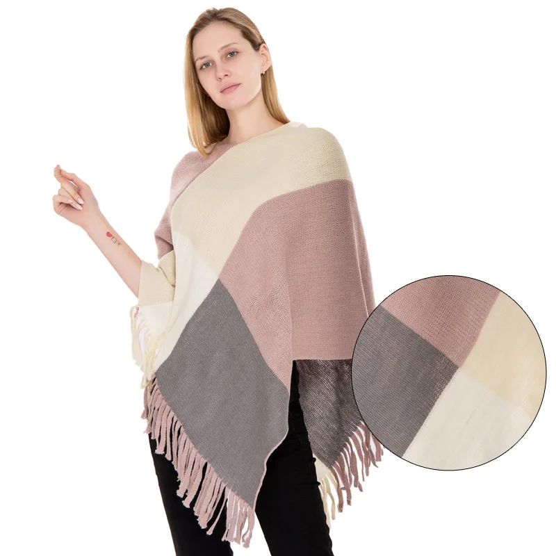 New Color Matching Knitted Warm Shawl Autumn Winter New Tassel Pullover Cape Ponchos for Women