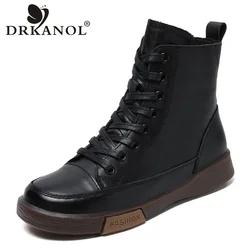 DRKANOL Women Genuine Leather Short Boots Round Toe Genuine Leather Handmade Retro Street Style Winter Warm Flats Ankle Boots