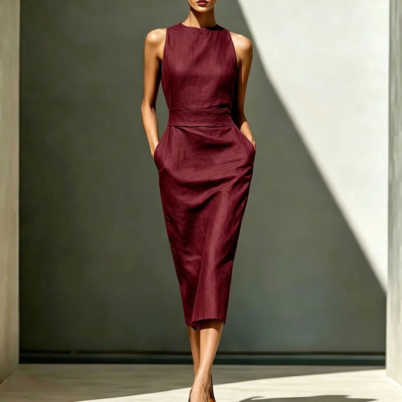 2026 Women Solid O Neck Long Dresses Elegant Sleeveless High Waist Sheath Dress Office Workwear Casual Summer Dress With Pockets - view 4