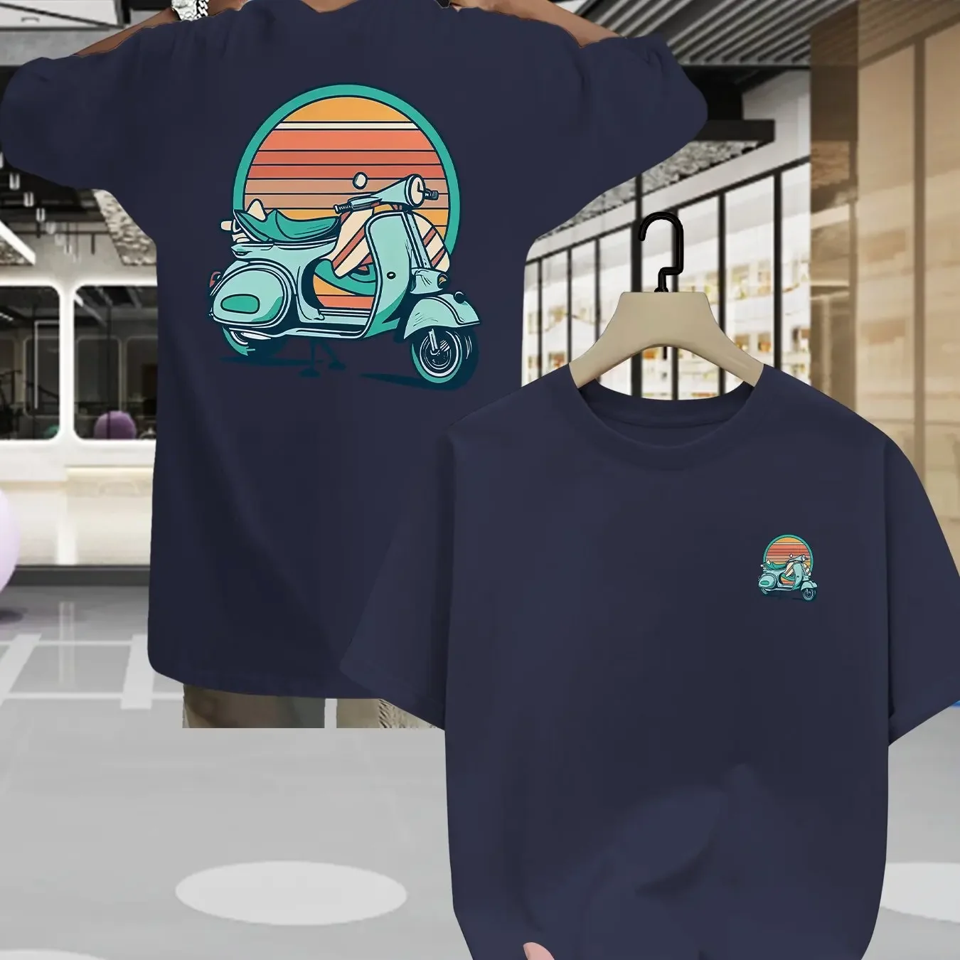 Men's Retro Scooter Pattern T-Shirt 100% Cotton Summer Retro Sunset Print Casual Travel Motorcycle Street Style Top
