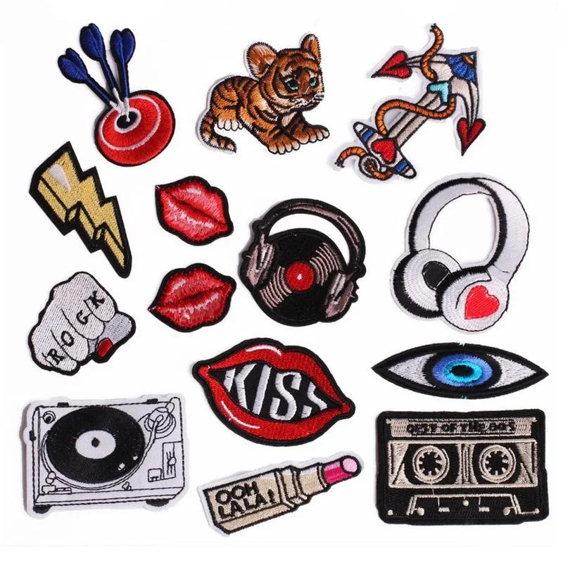 Lightning Lipstick Eyes Ancho Music Guitar Note Headset Patches Shoe Iron on Embroidered Appliques DIY Apparel Accessories Patch