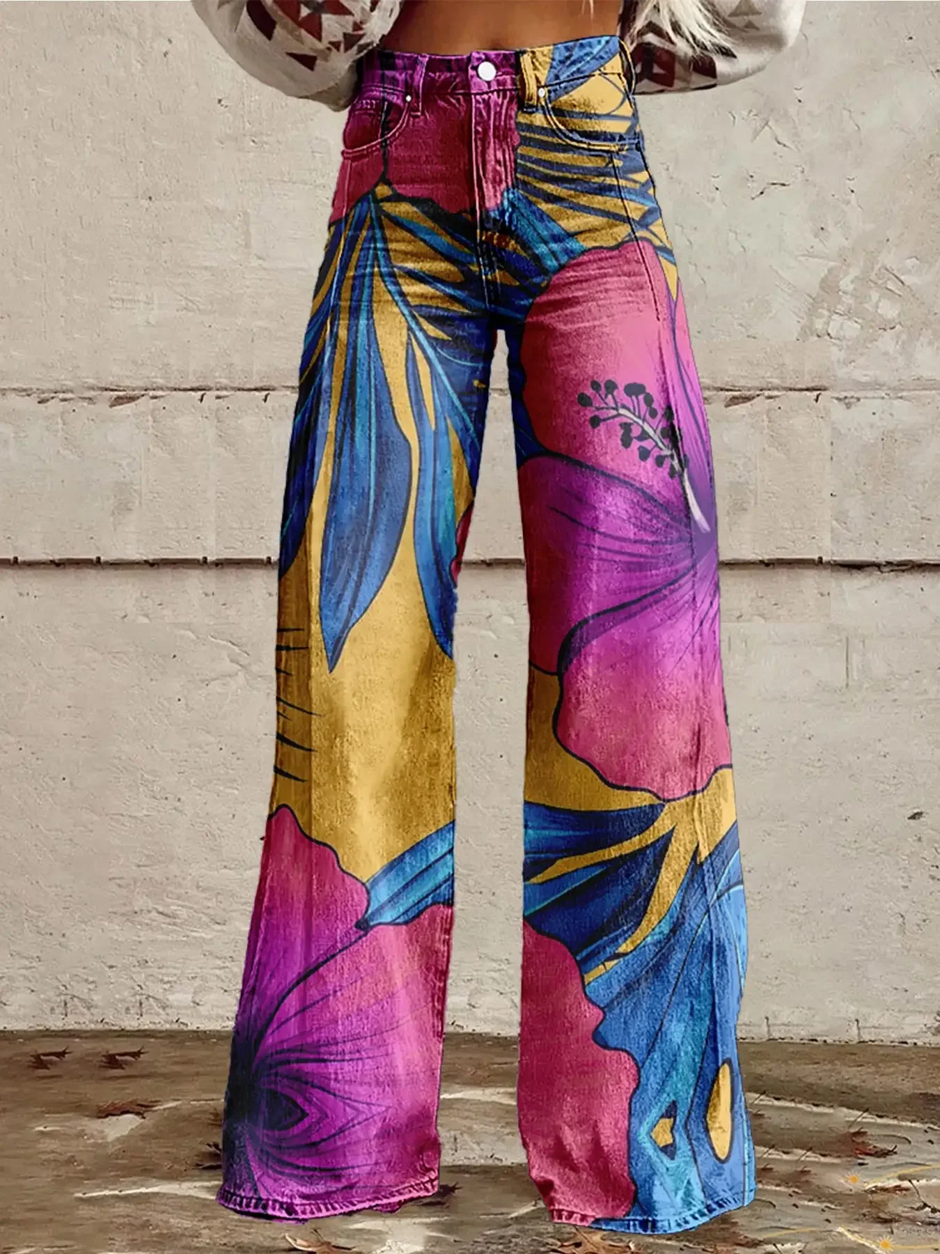 Women's imitation jeans printed with various high waisted flared pants, retro fashion, high and slim, versatile women's jean