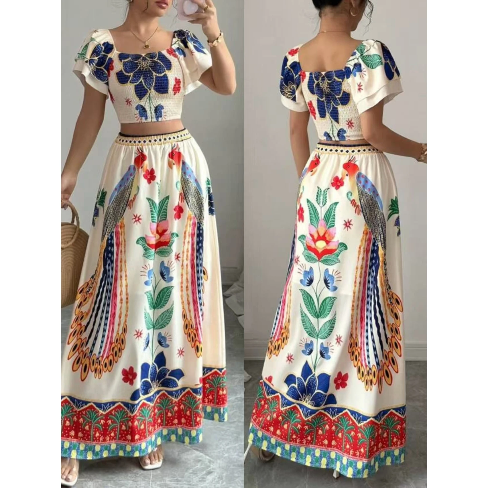 

2025 New Women's Casual Print Vaion ort Sve Top Long Skirt Set Comfortable Lightweight Ethnic Sle Summer Wear