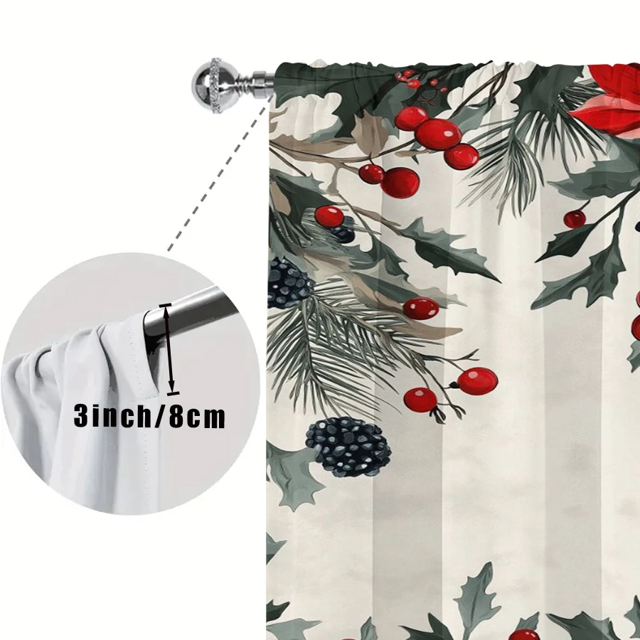 2PCS Holly Red Berry Pine Curtains, Poinsettia White Background Christmas Window Drapes for Bedroom Living Room Decor