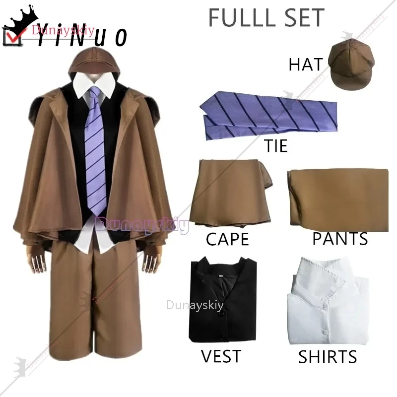 Ranpo Edogawa Cosplay Costume Wig Anime BSD Season 4 Hunting Dog Cloak Hat Glove Jacket Pants Tie Black Short Hair