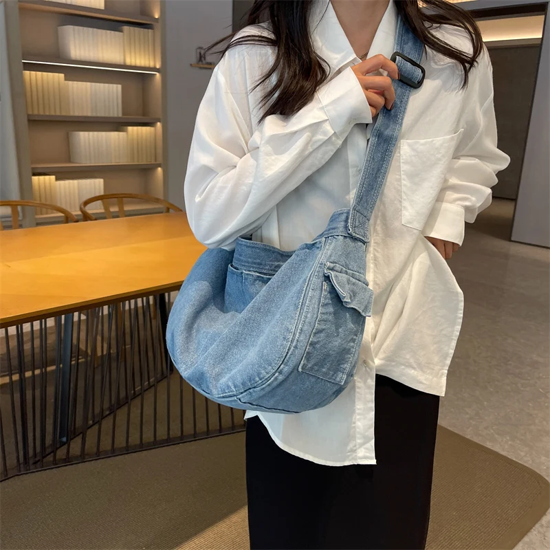 Large Denim Women\'s Bag New Jeans Messenger Bag Y2K Canvas Shoulder Cross Bag Campus Eco Bag Korean Shopper Hobos Female Handbag