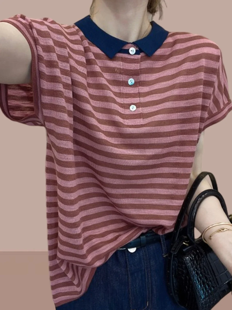 Été nouveau femmes pur coton Ne T-shirt coupe ample mince ort Sve haut rayé Faionable polyvalent coréen Sle