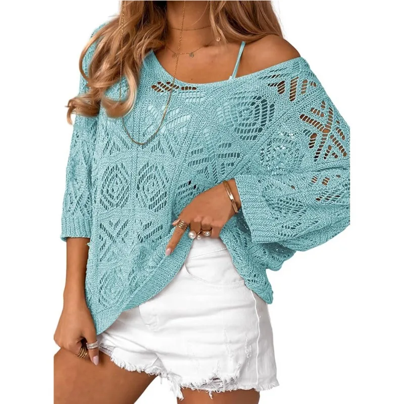 Women Off Shoulder Hollow Out Knit Cover Up Loose Three Quarter Sleeve Beach Sweater Summer S-4XL