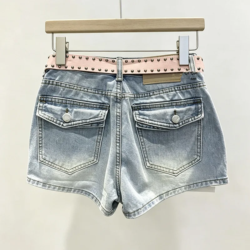 ANJY Summer New Women European Style Fashion Casual Bow Rivet A-Line Denim Short Skirts Washed Distressed Stylish Culotte A24837