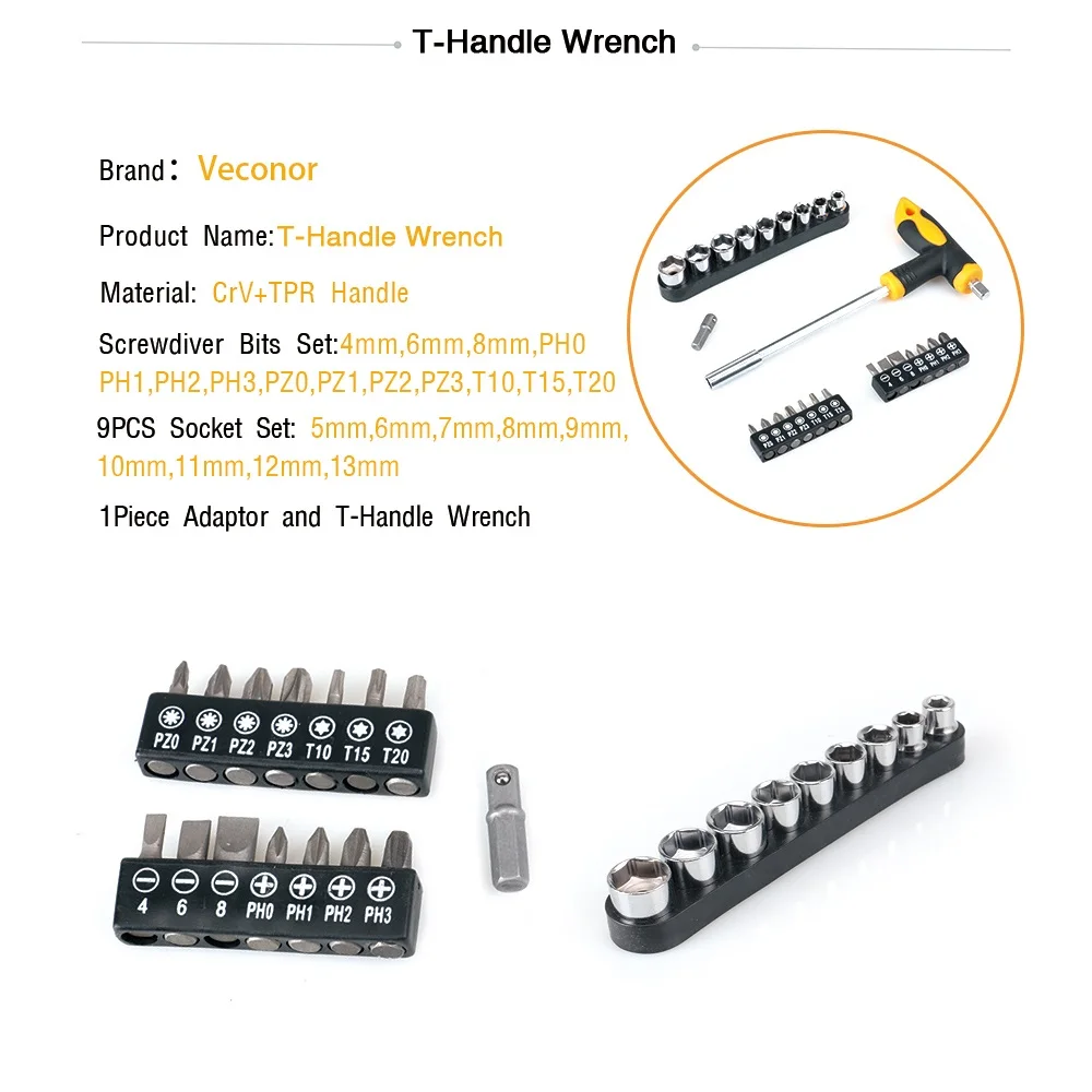 T-handle Wrench Combination Screwdriver Bit Set Phillips Slotted Home Repair Hand Tool