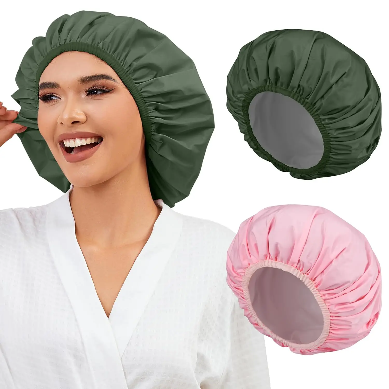 

2 Pack Shower Caps for Women, Reusable Waterproof Shower Cap with Elastic Band, Thickened Waterproof Fabric Shower Bonnet for Braids, Long Hair (Pink and Green)
