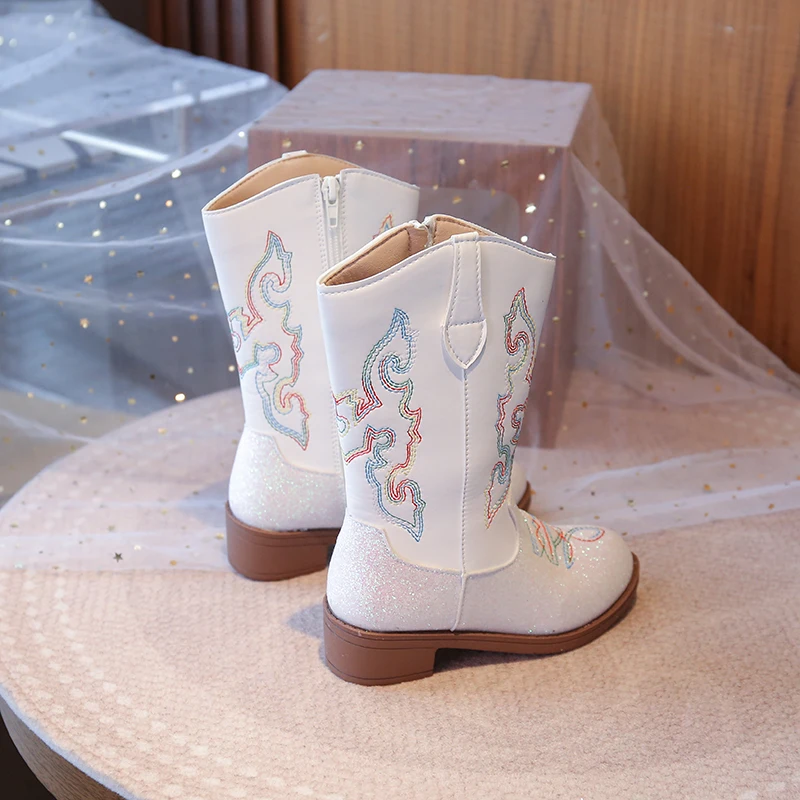 أحذية رعاة البقر للفتيات اللامعة المتلألئة 2025 أحذية شتوية جديدة للأطفال منتصف العجل مع سحاب جانبي مطرز بنمط الأزهار وسحاب جانبي عصري #6