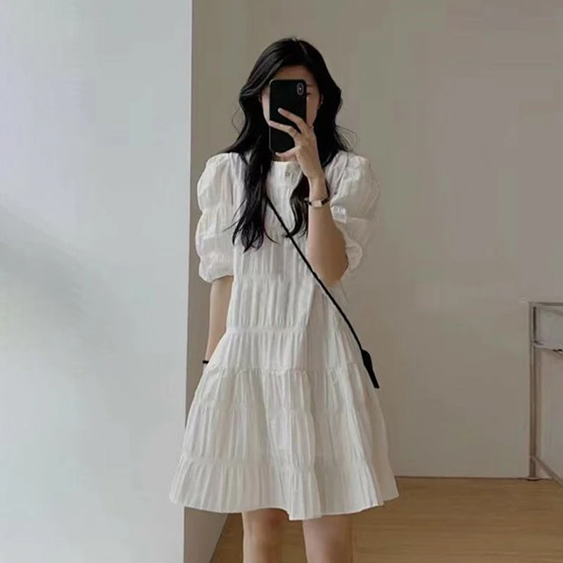 Women's Short Sleeve Round Neck French Casual Solid Loose Summer Mini Dress