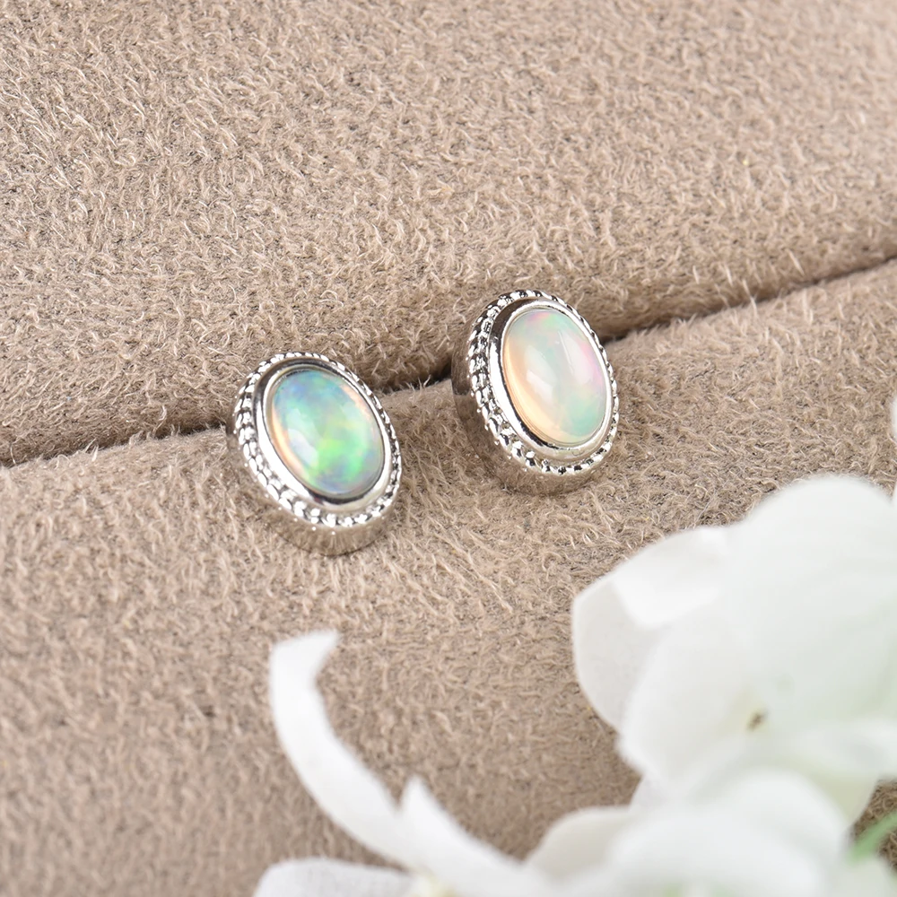 ITSMOS Natural Opal Earrings Silver Post Oval Cube Natural Gemstone Studs Twisted Lace Piercing Earrings for Women Gift