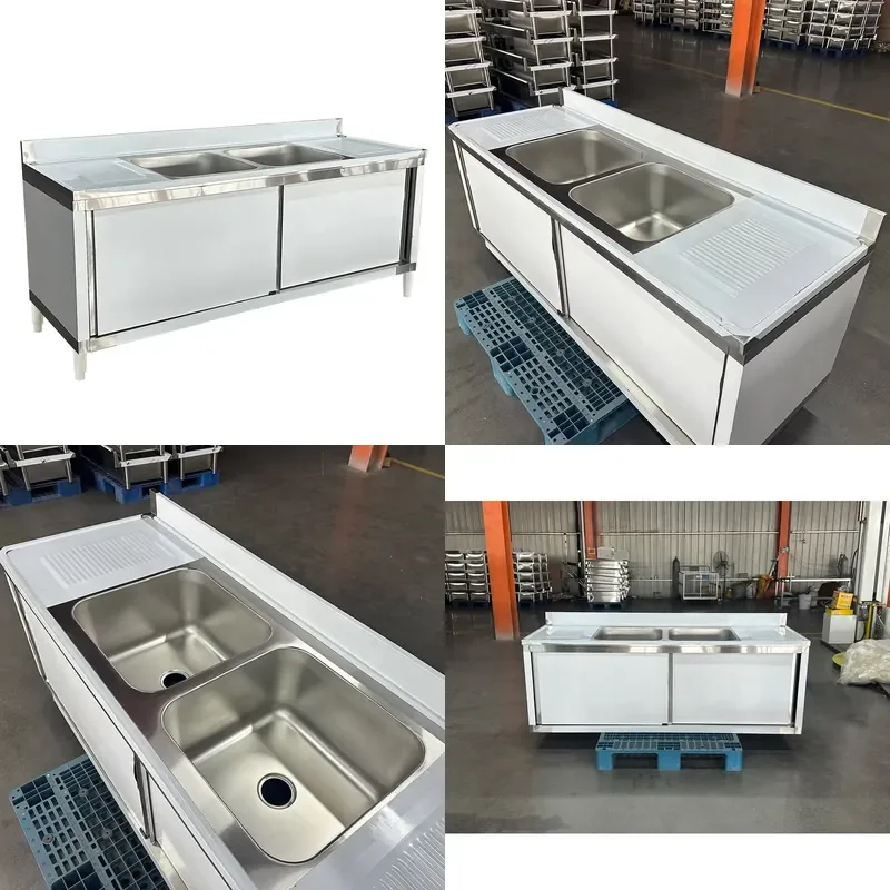 

Commercial Equipment 304 Stainless Steel Sink Double Bowl Sink Kitchen Integrated Cabinet Washing up Sink Hotel
