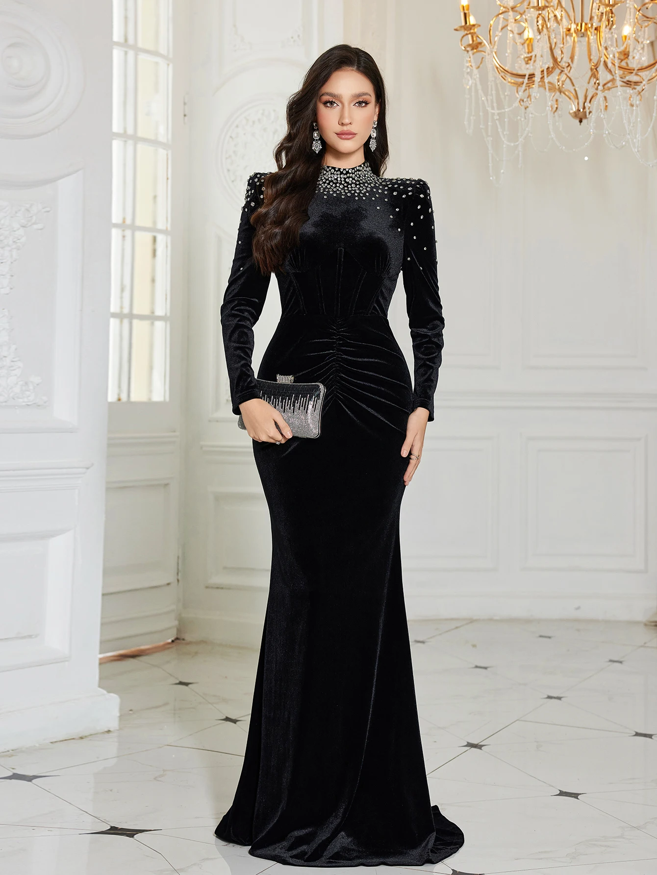 UNITHORSE Women's Stand Collar Puff Sleeve Handmade Bright Diamond Decoration Slim-Fitting Velour Evening Dress