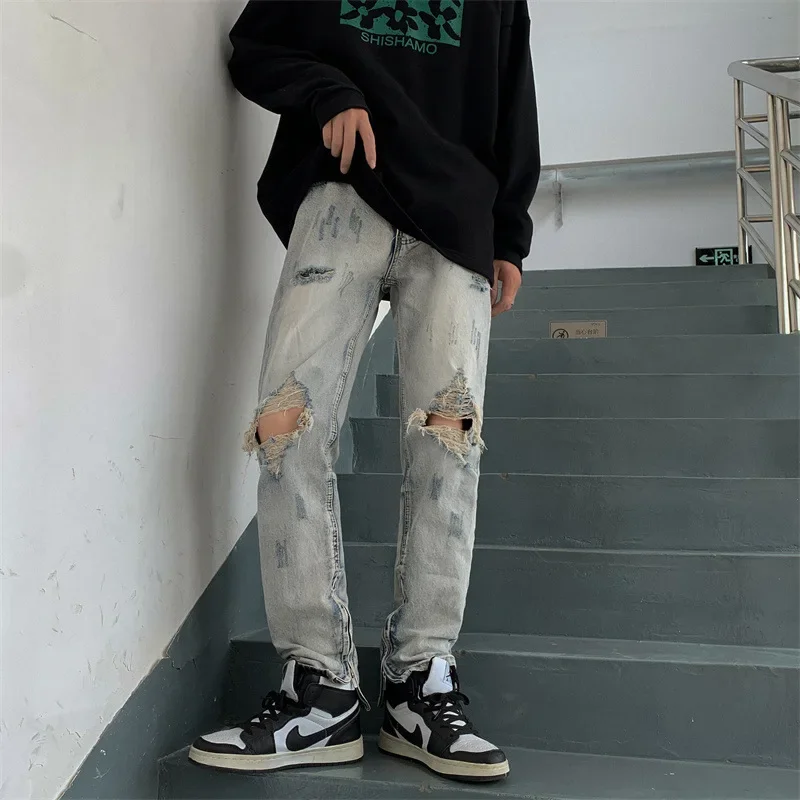 

Unique Ripped Jeans for Men Streetwear High Street Slim Fit Distressed Men's Denim Jeans Teenager Daily Casual Long Pants