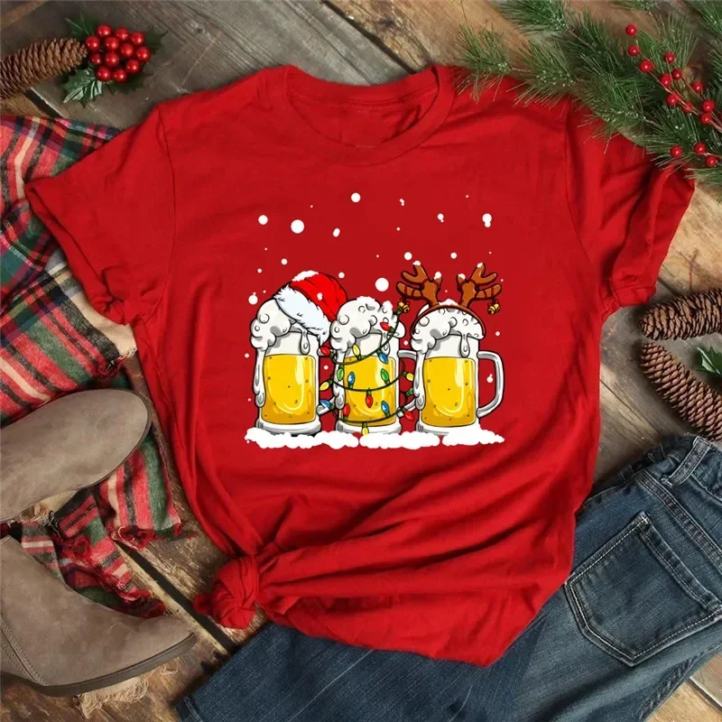 Fashion Christmas Wine Glass Printed Women Red T-shirt Casual Round Neck Tops Streetwear Female Christmas Clothes Festival Gifts