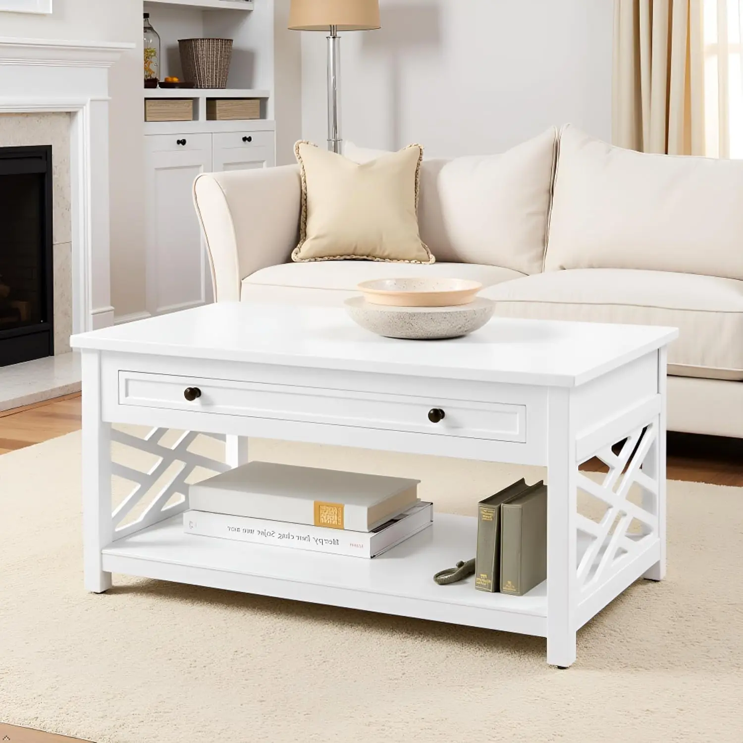36" Modern White Wood Coffee Table - Coventry Accent Furniture with Drawer & Open Shelf, for Living Room Storage & Décor