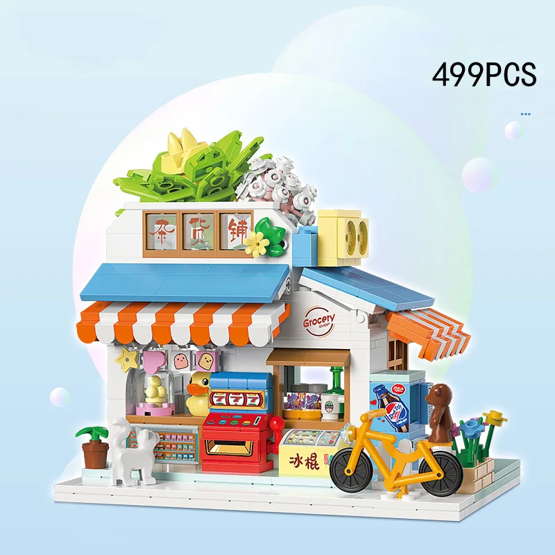 City Street View House Mini Block Cake IceCream Shop Idea Building Brick Grocery Store House Streetscape Toy With Light For Gift