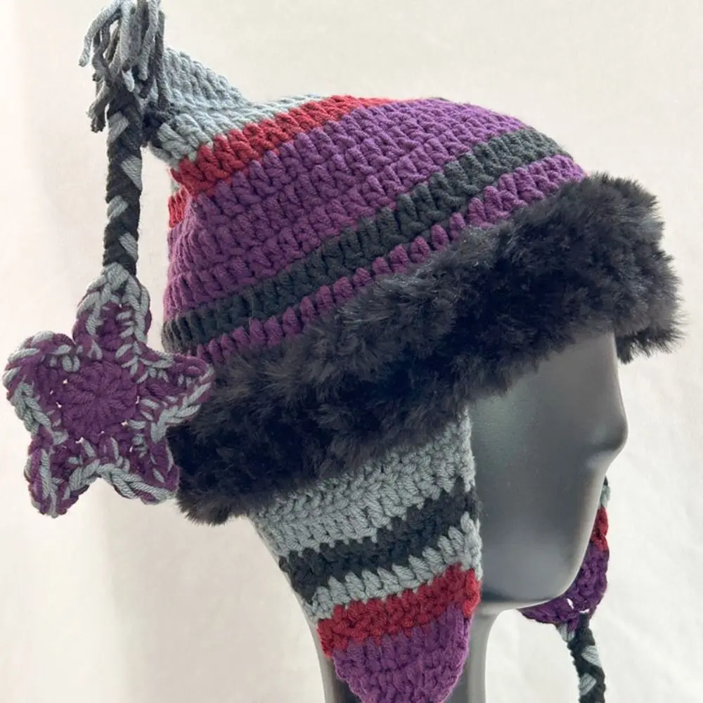 Five-Pointed Star Pendant Knitted Trapper Hat Cat Ear Beanie Striped Knitted Woolen Hat Ear Protection Pullover Beanie Hat