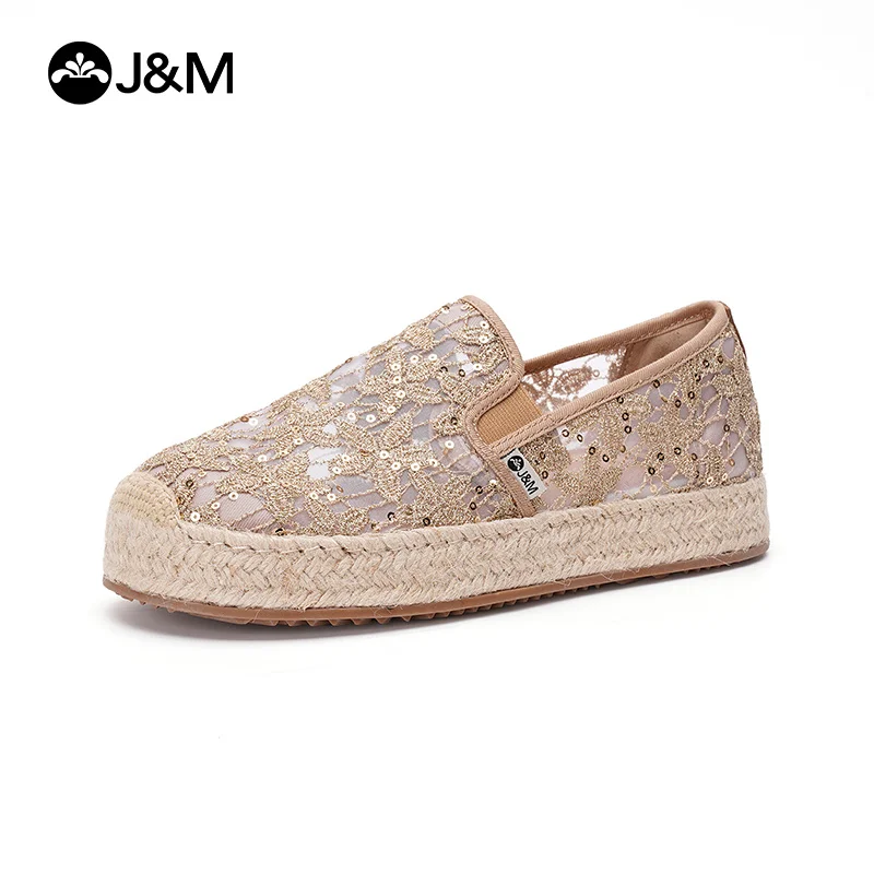 

J&M Women Loafers Flower Lace Fisherman Shoes Fashion 3cm Platform Breathable Espadrilles Slip-On Casual Shoes Black Sneaker