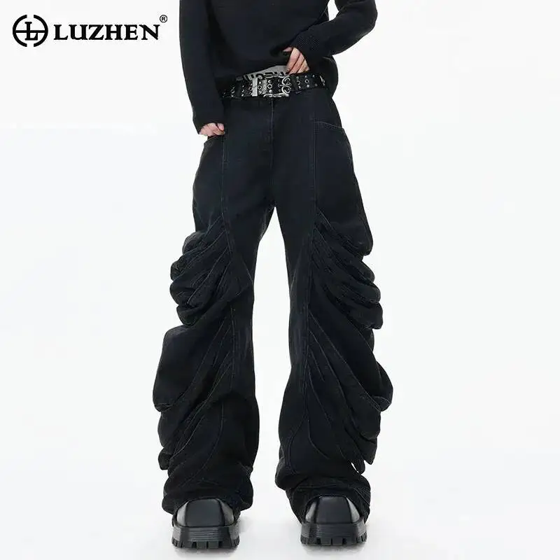 LUZHEN Straight 2026 New Color Personalized Pleated Design Solid Casual Pants Men's Fashion Street Wide Leg Trousers Male JY8125