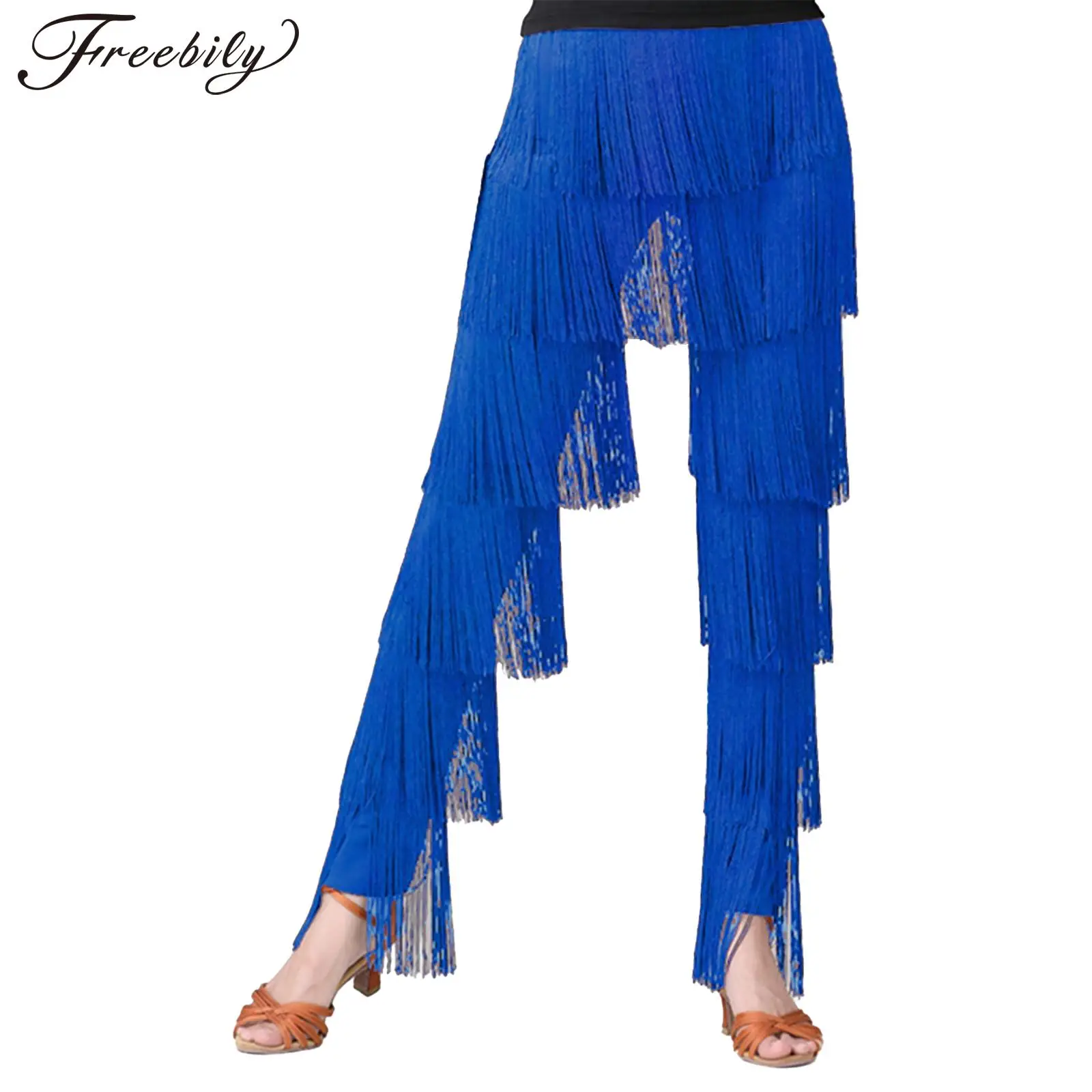 Women Fringe Latin Dance Pants Cha Cha Tango Dancing Performance Costume Elastic Waistband Tiered Samba Fringe Tassel Trousers