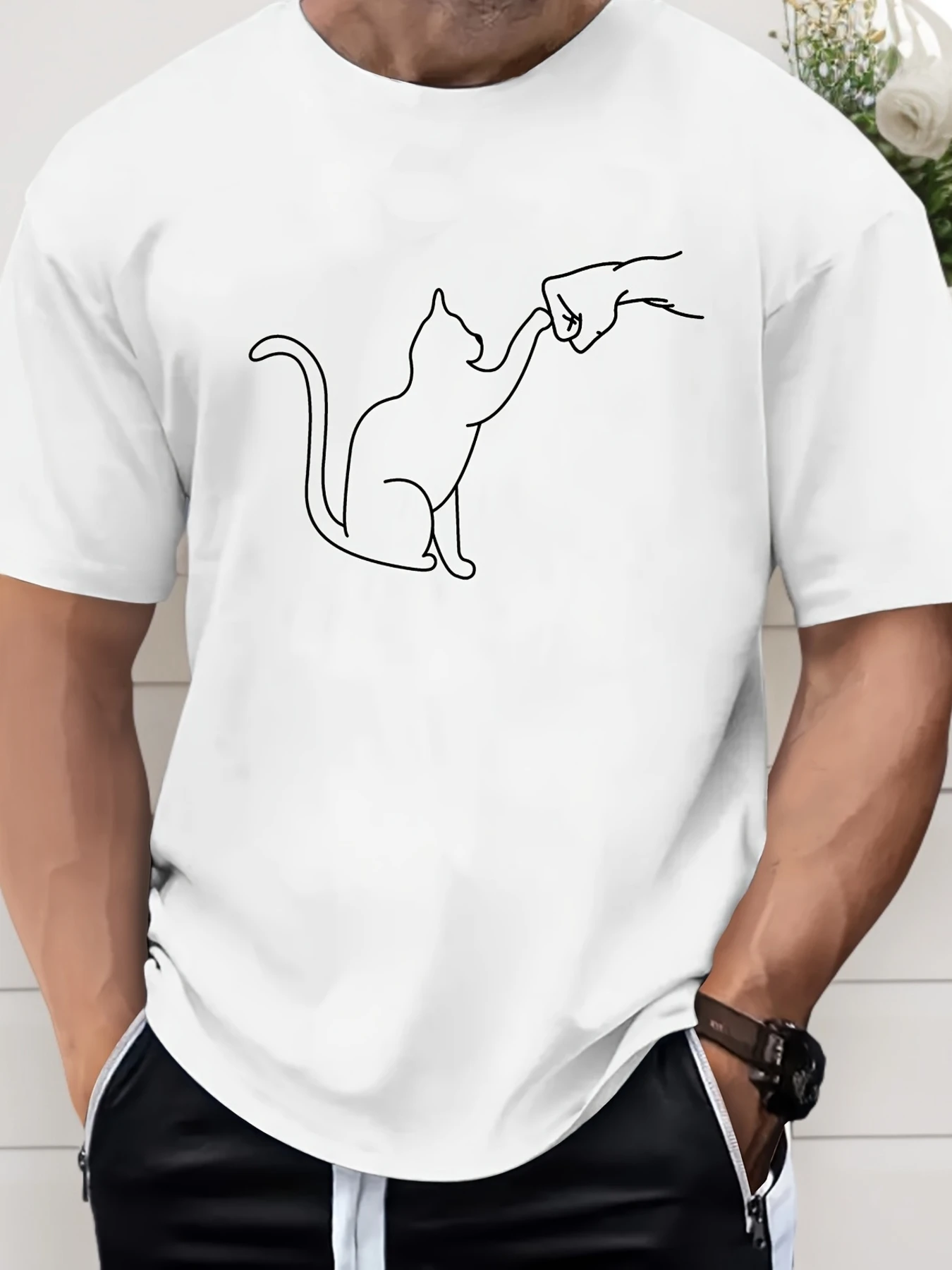 

Мужская футболка с принтом белого кота и кулака — легкий летний топ с коротким рукавом и круглым вырезом для повседневной носки