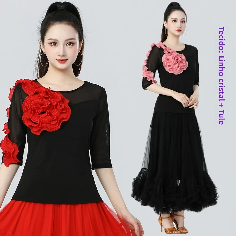 modern-dance-square-dance-top-round-neck-flower-patterned-sleeve-length-three-step-stamp-practice-uniform-women's-fitness-wear