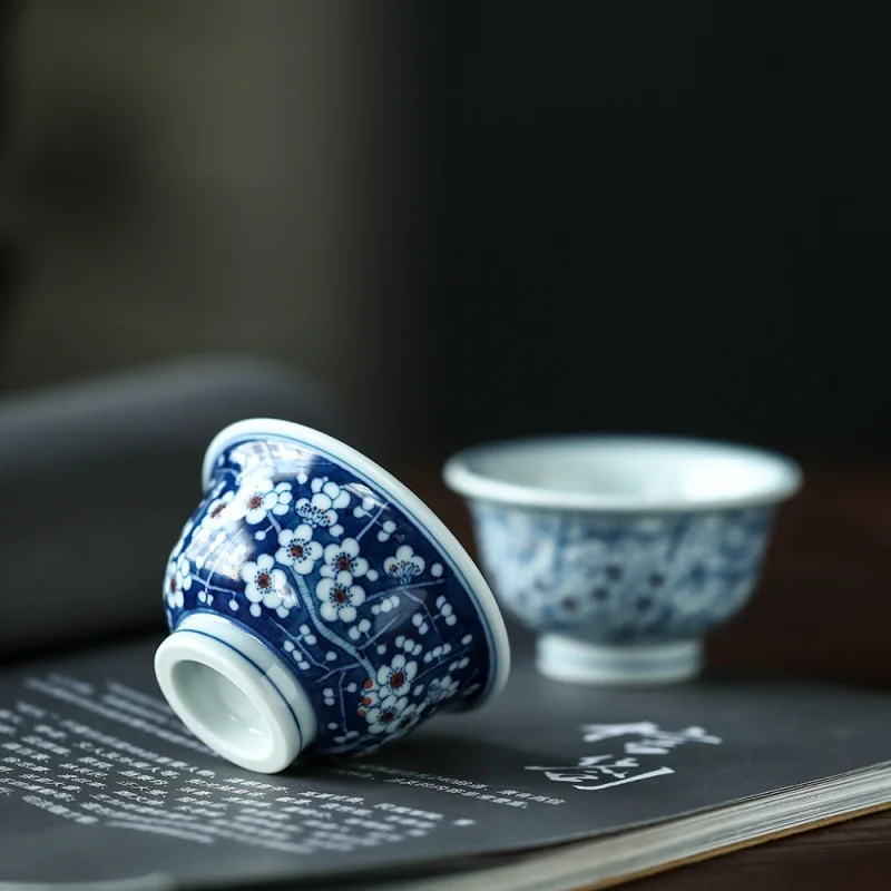 Jingdezhen Firewood Kiln Blue and White Pressure Bottle Hand Painted Prunus Mume Antique Ceramics Tea Cup Handmade inside and ou