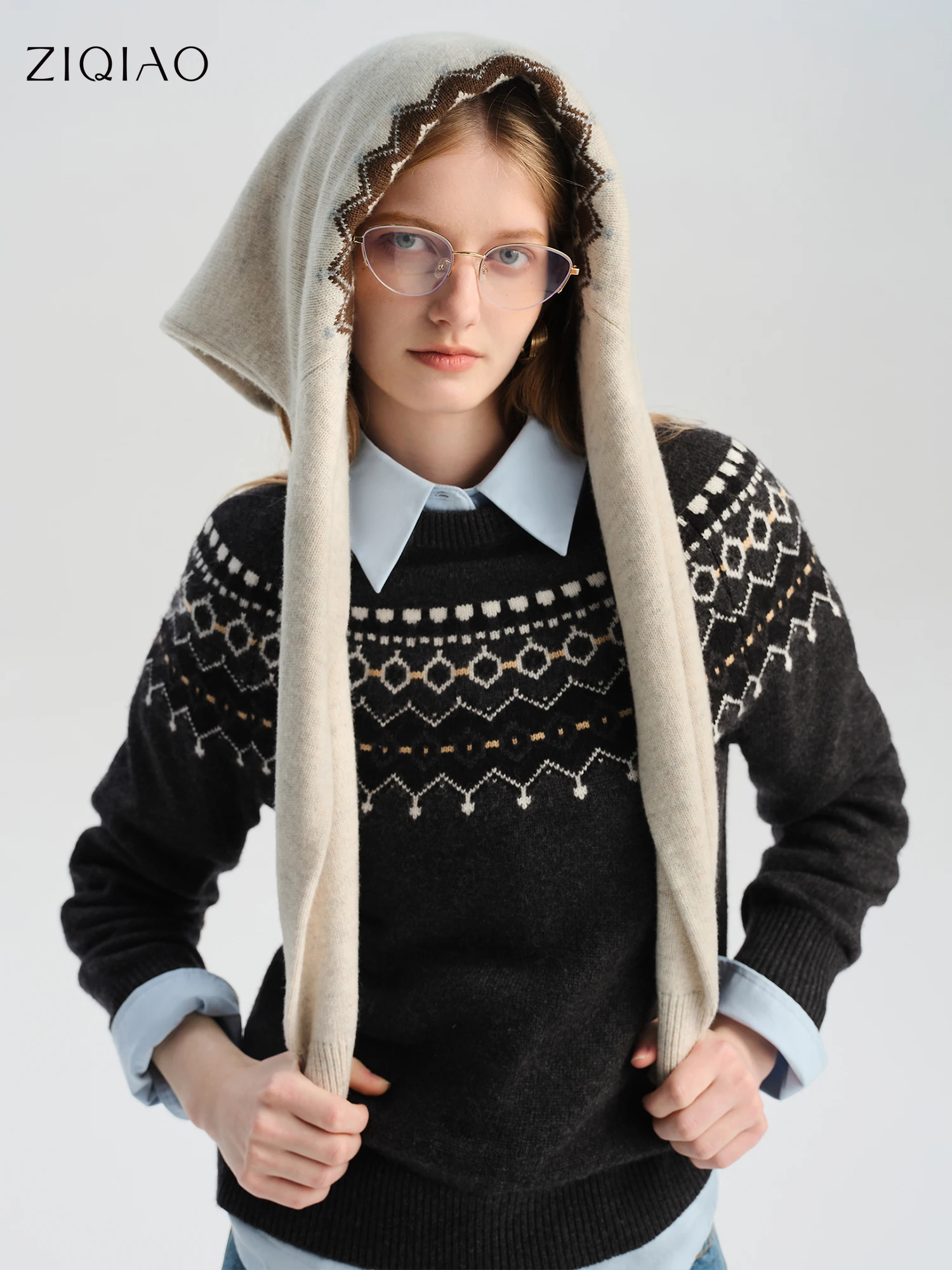 Ziqiao 2025, winter nieuwe collectie chique patroon Fair Isle trui voor kleine vrouwen, vintage geïnspireerd ontwerp, wollen gebreide wollen tops