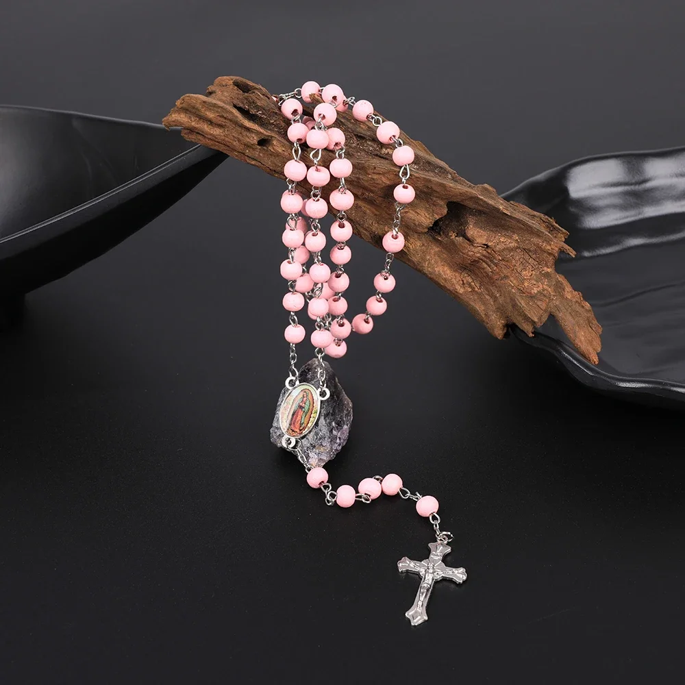 Holz-Rosenkranz-Halskette für Damen, 6 mm, Holz-Gebetsperlen, lange Kette, religiöser Anhänger mit der Jungfrau Maria und dem Kreuz, Herren-Party-Schmuck, Geschenk. – Detail 9