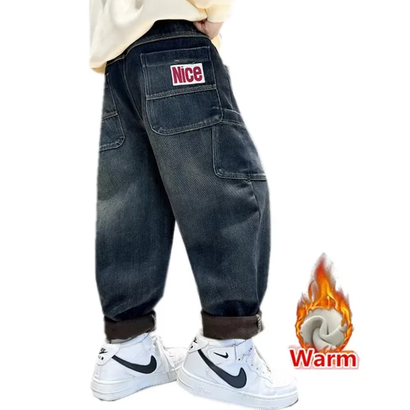 

Winter Teenage Boy Vintage Wash Blue Thickened Jeans with Pockets Child Warm Fleece Denim Pants For 5 6 7 8 9 10 11 12 13 14 Y