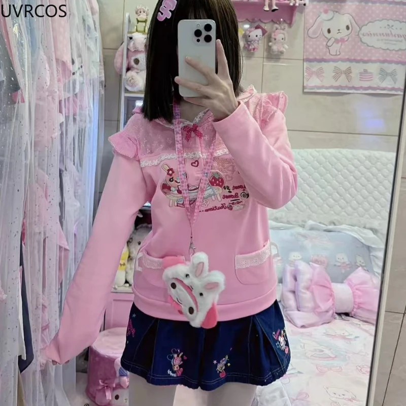 Sweet Kawaii Cartoon Embroidery Women T-shirt 2024 Ropa Mujer Bow Hooded Long Sleeve Tees Tops Japan Y2k Aesthetic Anime Tshirts