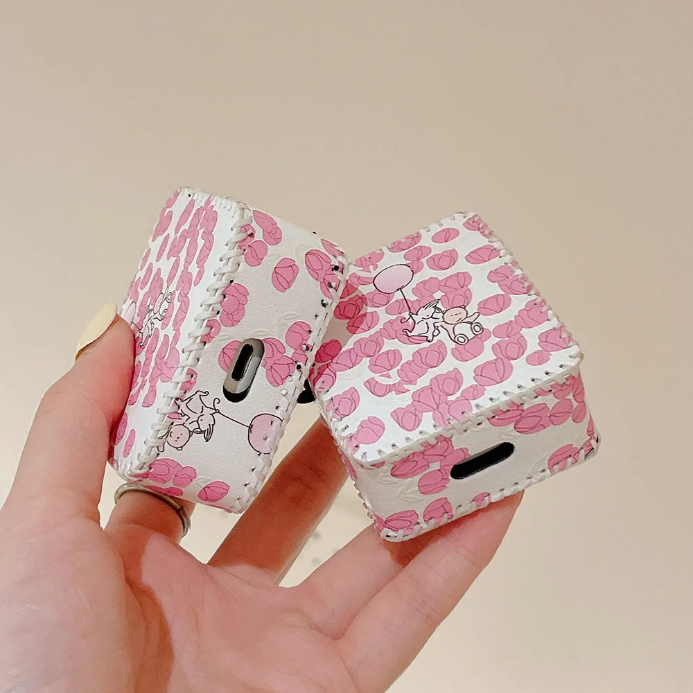 Custodia per auricolari in pelle di lusso per AirPods 3 2 Pro morbida rosa tulipano foglie fiori copertura quadrata per scatola di ricarica per cuffie Air Pods