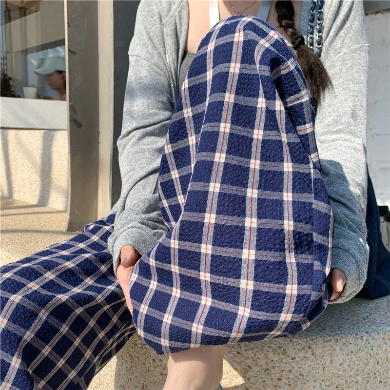 Spring Summer High Wiast Wide Leg Pants Women Korean Fashion Print Plaid Baggy Cargo Pants Casual Vintage Streetwear Trousers