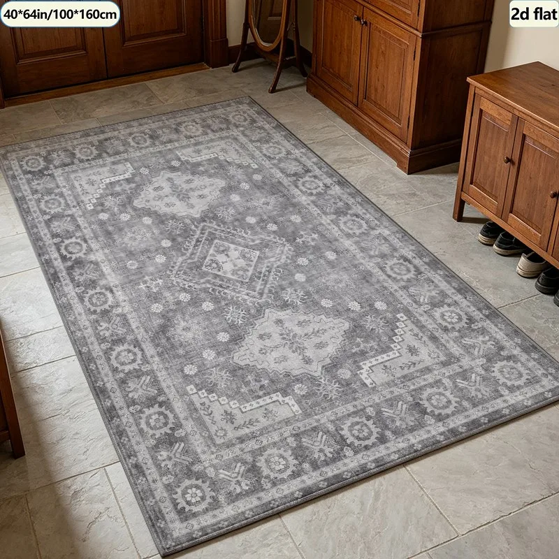 Vintage Grey Oriental Medallion Carpet Flooring, Distressed Boho Traditional Area Rug Anti‑Slip Floor Mat for Living Room Farmhouse Home Decoration