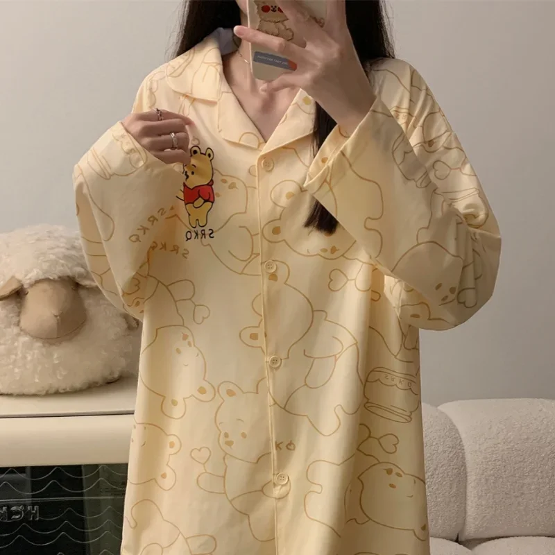 Disney Winnie the Pooh autumn cotton long-sleeved trousers two-piece set new women\'s pajamas cartoon cardigan loungewear set