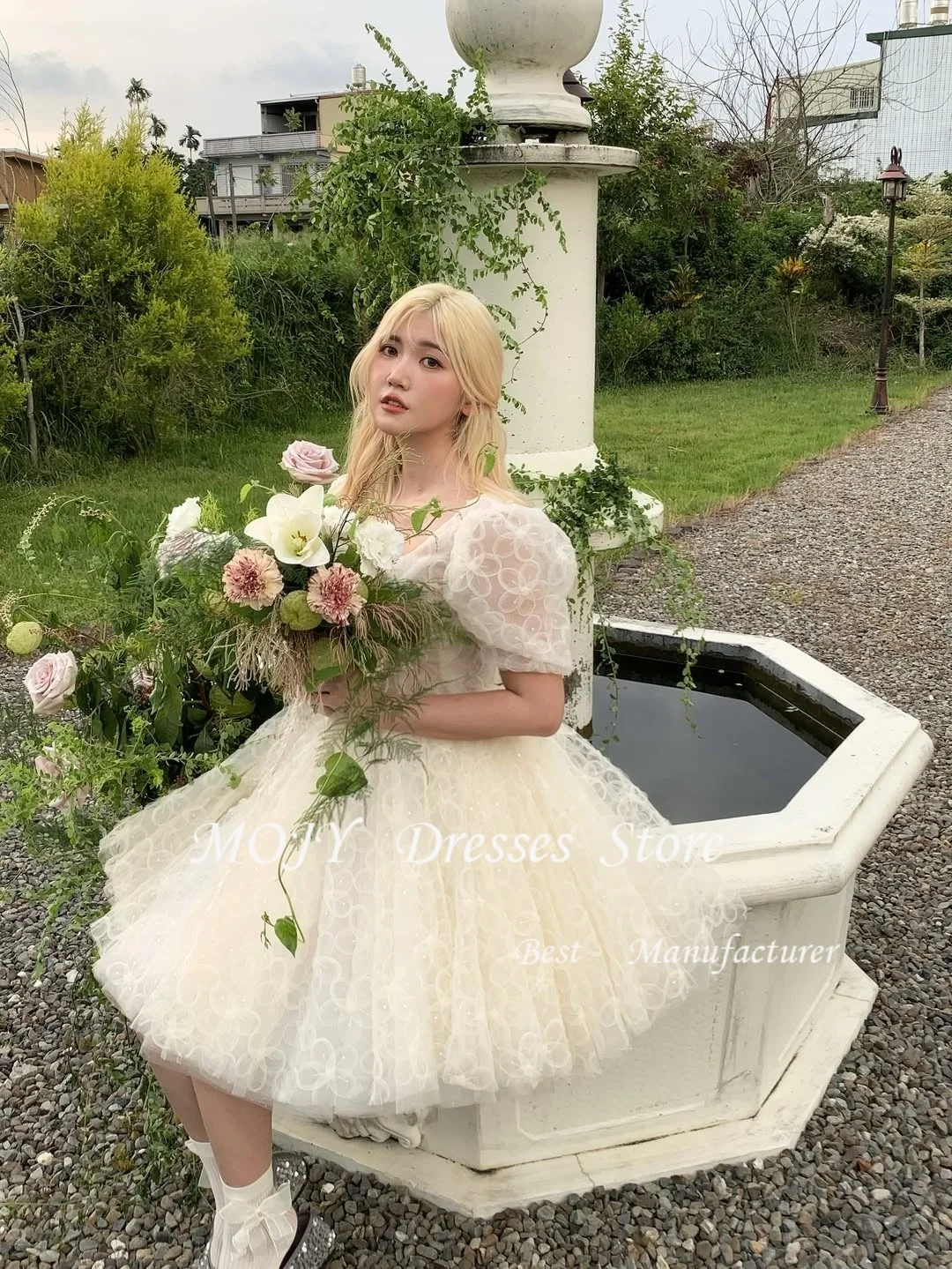 Mojy gola quadrada mini linha a vestidos de baile curtos de tule de seda ̄tzo Personalizza espartilho nas costas vestido de casamento coreano sessão de fotos