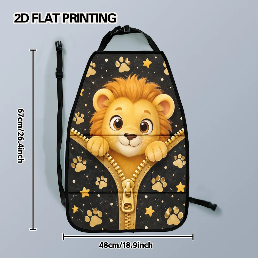 2D Flat, 2pcs Car Seat Kick Mats With Organizer - Cute Lion With Golden Stars Designed Storage Bag For Seat Back, Versatile Back