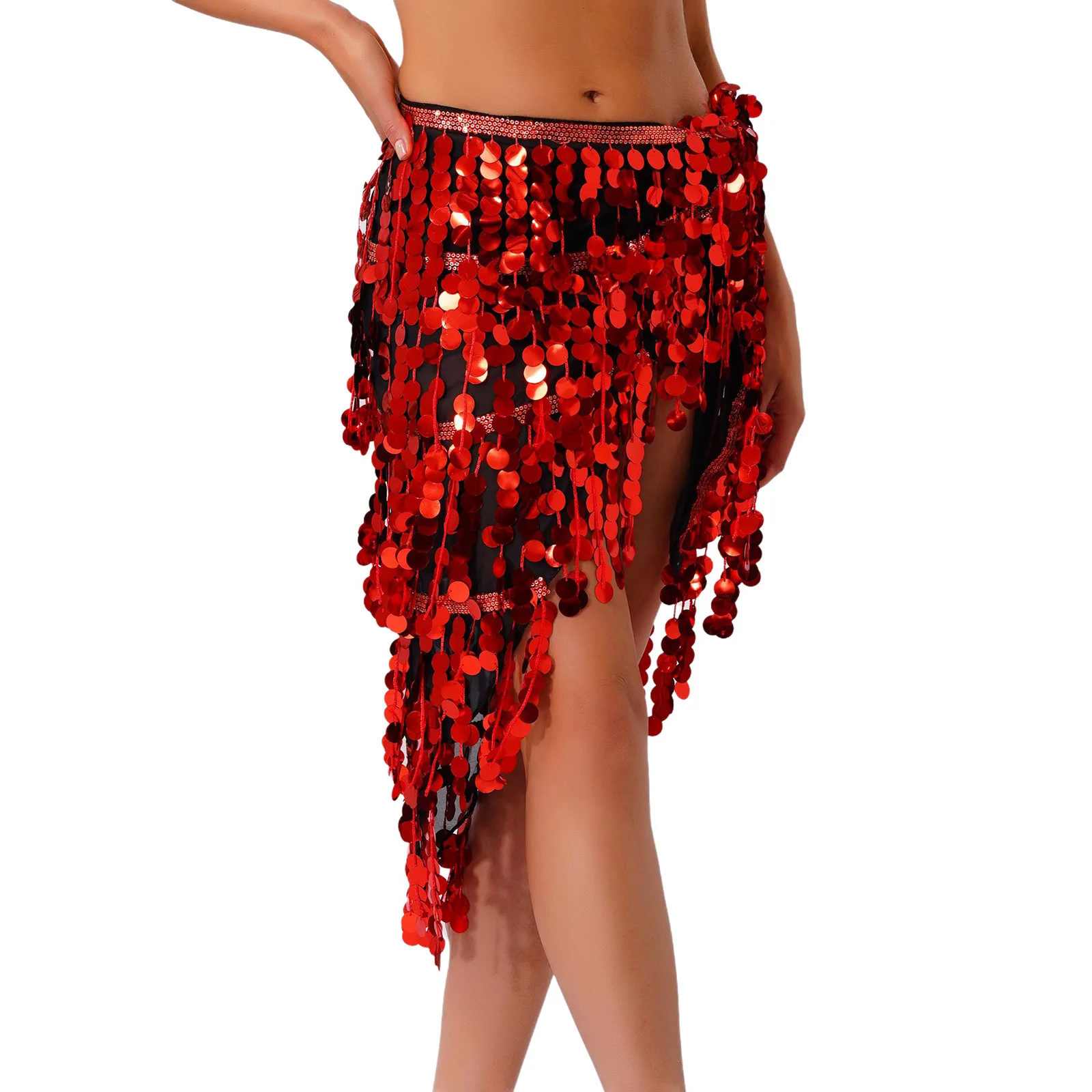 Costume da donna per performance di danza latina del ventre, maglia trasparente con nappe con paillettes scintillanti, sciarpa a triangolo con lacci, catena in vita