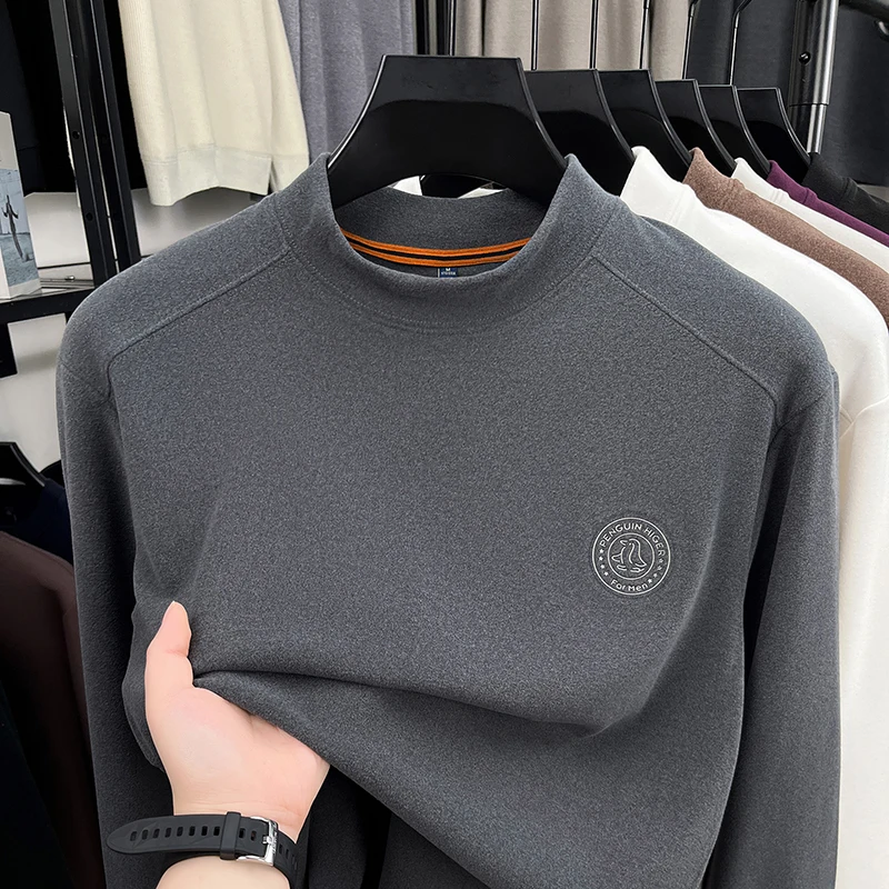 Sweater Lengan Panjang Semi High Neck Beludru Jerman untuk Pria, Kemeja Dasar Hangat Beludru Dua Sisi, Lapisan Dalam Berbulu