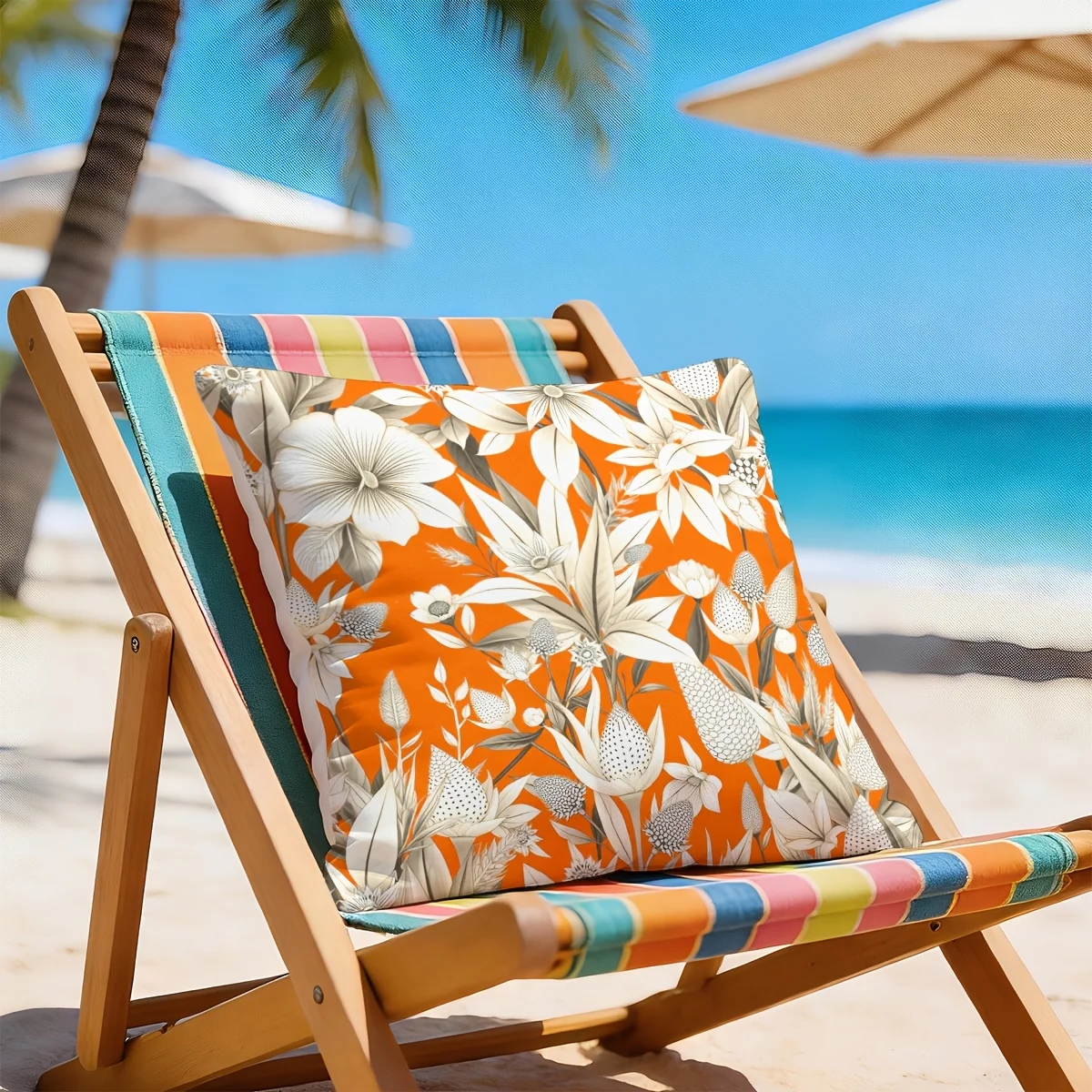 Orange Floral Pillow Cover 18x18 Inch Polyester Zipper Machine Washable Hand Drawn Botanical Print Modern Decor Sofa Bed