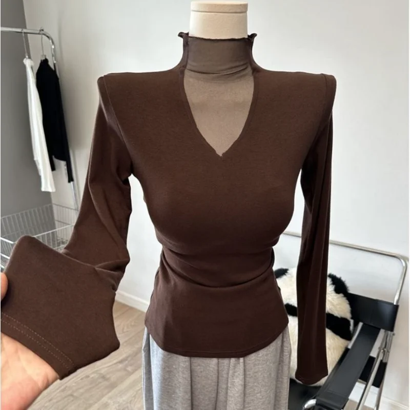 

Half Turtleneck Mesh Spliced Long-sleeved T-shirt Slim Stand-up Collar Bottoming Shirt Top