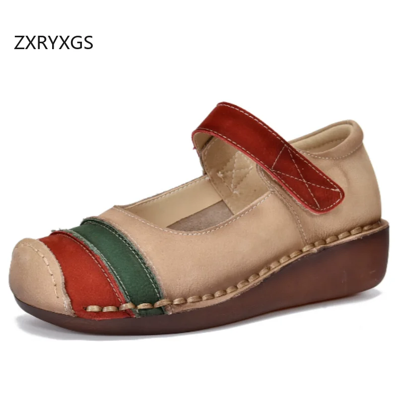 Модные женские туфли ZXRYXGS из натуральной кожи с разноцветными вставками, на танкетке, с мягкой подошвой, на среднем каблуке, новинка весны 2026 года