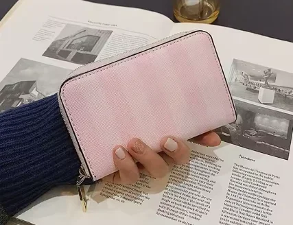 Women Wallet Quilt Full Zip Card Pink Strip Luxury Designer Striped card bag