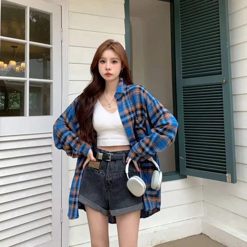 

2025 Spring Autumn American Retro Plaid Shirt Women Loose Long Sleeve Casual Outerwear Fashion Top Button Design Polyester Fiber